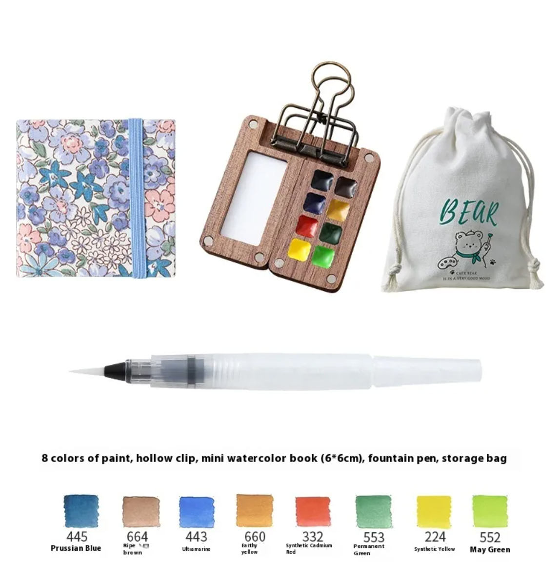 Portable Mini Walnut Watercolor Set with 8 Colors for Sketching & Journaling