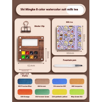 Portable Mini Walnut Watercolor Set with 8 Colors for Sketching & Journaling