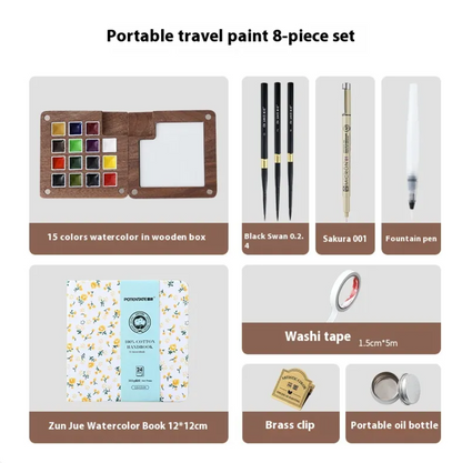 Portable Mini Walnut Watercolor Set with 8 Colors for Sketching & Journaling