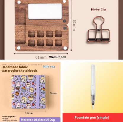 Portable Mini Walnut Watercolor Set with 8 Colors for Sketching & Journaling